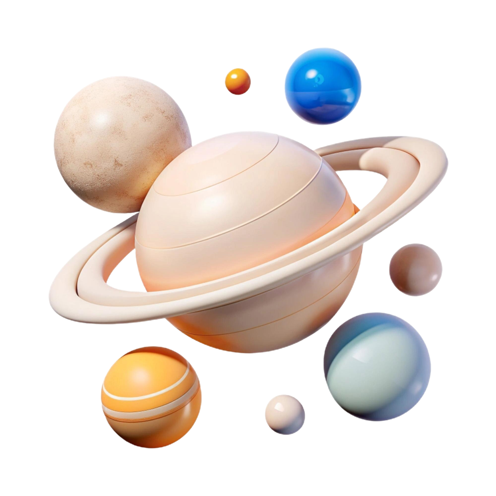 Three-dimensional collection of pastel planets with a large ringed planet
