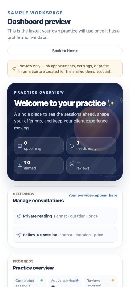 Actual Bodhlok practice dashboard on mobile with sample data